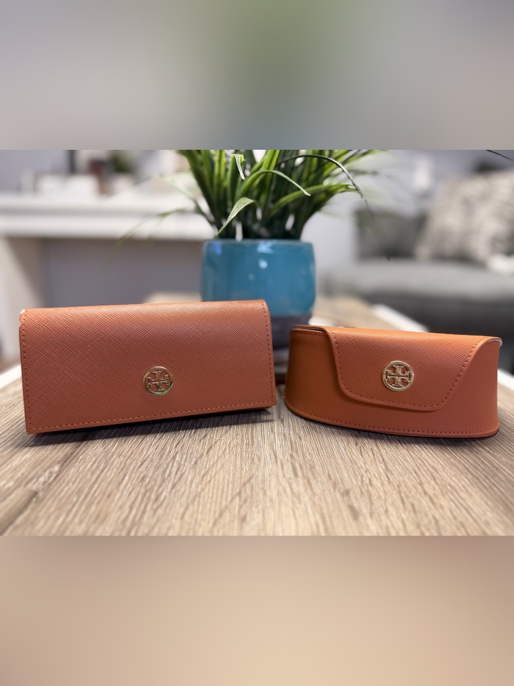 Lot of 2 Tory Burch Orange Saffiano Leather Eyewear Cases Gold Logo